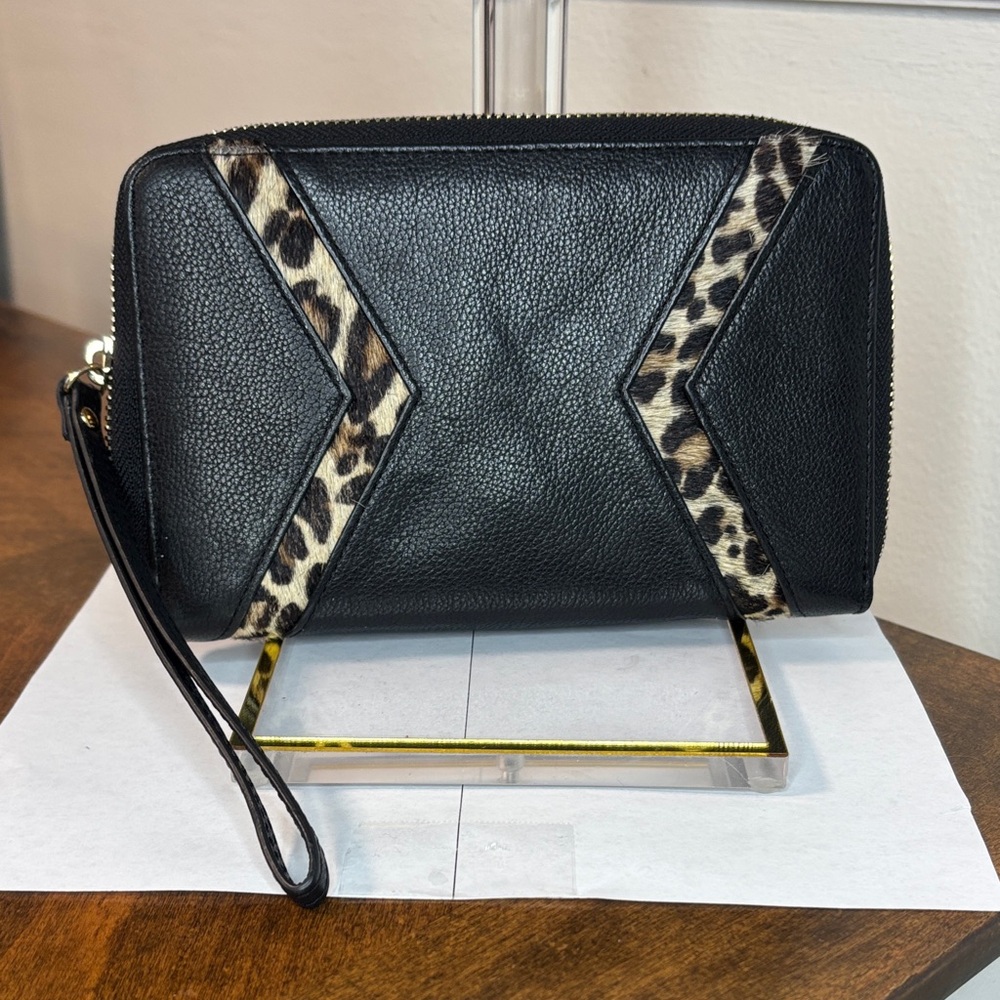 Large zip around wallet with kiss lock compartment & wristlet strap